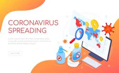 Dünyaya yayılan koronavirüs - izometrik web pankartı