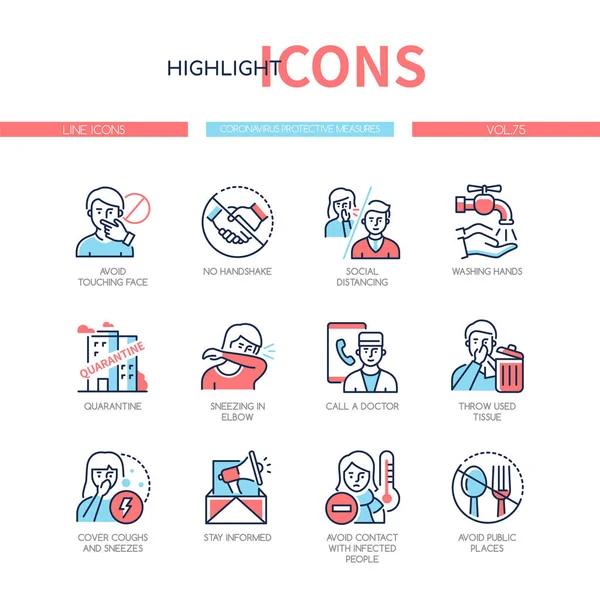 Coronavirus medidas de proteção - ícones de estilo de design de linha colorido —  Vetores de Stock