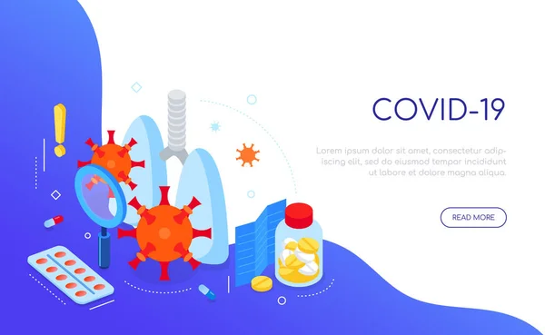 Covid-19 virüs ve tıp - renkli izometrik web pankartı — Stok Vektör