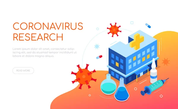 Investigación de la enfermedad por Coronavirus - banner colorido de la tela isométrica — Archivo Imágenes Vectoriales