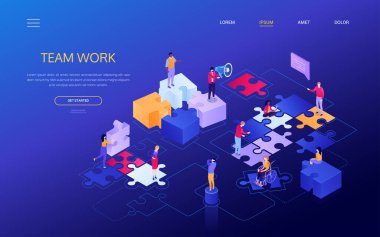 Takım çalışması - renkli izometrik vektör web pankartı