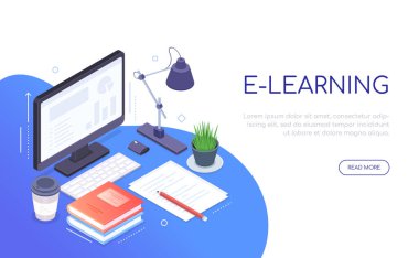 E-öğrenme kavramı - modern renkli izometrik web pankartı