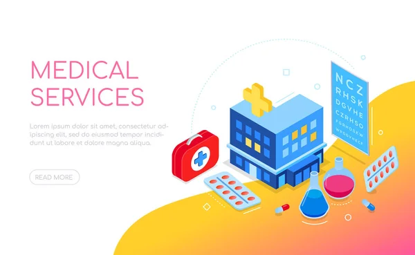Lékařské služby - moderní barevný izometrický web banner — Stockový vektor