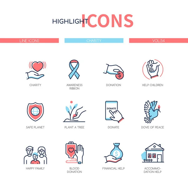 Concepto de caridad - conjunto de iconos de estilo de diseño de línea — Vector de stock