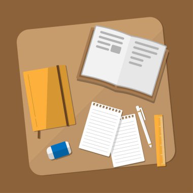 Düz tasarım modern vektör illüstrasyon konsepti takım çalışması, İş Yeri Masaüstü arka planı. Masanın üst görünümü, not defteri.