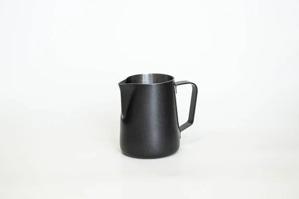 Pichet Métal Noir Pour Cafetière Outil Barista Pichet Lait Sur — Photo