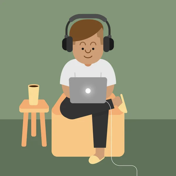 Pracovat Domova Pracovat Doma Muži Sluchátkách Poslouchají Hudbu Pracují Doma — Stockový vektor