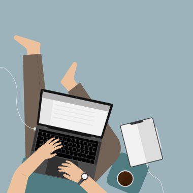 Evden çalışıyorum. Evde çalış. Yerde dizüstü bilgisayar ve tabletle çalışıyor. Düz yat. düz tasarım illüstrasyon.