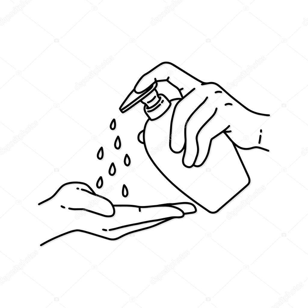 Disinfection concept. Liquid soap with pumping from bottle. Applying a moisturizing sanitizer. Washing hands. Vector illustration flat design.