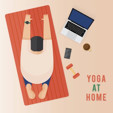 Evde yoga yapan kadınlar. Evde kalmalı ve korona virüsü salgını sırasında kişisel izolasyon ve sosyal uzaklık gibi şeyler yapmalısın. Ev antrenmanı. üst görünüm.