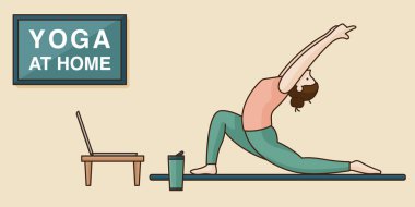 Evde yoga yapan kadınlar, vektör illüstrasyonu. Evde kalmalı ve korona virüsü salgını sırasında kişisel izolasyon ve sosyal uzaklık gibi şeyler yapmalısınız..