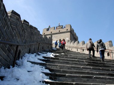 Great Wall of China at Juyongguan, Beijing in China. People walking on a steep section of the Great Wall of China at Juyongguan with snow. Great Wall of China near Beijing. Juyongguan section of the Great Wall. clipart