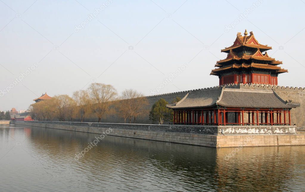 Forbidden City, Beijing, China. A corner tower seen from outside the Forbidden City. The Forbidden City has traditional Chinese architecture. The Forbidden City is also the Palace Museum, Beijing. UNESCO site in China.