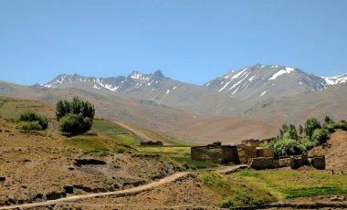 Yerel Afgan evleri olan küçük bir köy. Afganistan 'da Kabil ve Bamyan (Bamiyan) sahneleri. Afganistan 'ın orta kesiminde Kabil ve Bamyan (Bamiyan) arasındaki güney yolunda çekildi.