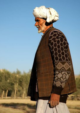 Orta Afganistan 'da Bamyan (Bamiyan). Geleneksel bir çiftçi, Bamyan 'da (Bamiyan) güneşli bir günde çiftlikte çalışır. Yerel çiftçi, çiftlik, sığır, harman, Bamyan (Bamiyan) Afganistan.