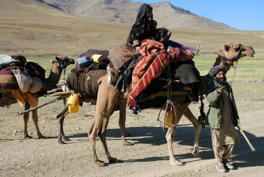 Ghor Eyaleti, Afganistan 'daki Chaghcharan. Orta Afganistan 'ın ücra bir köşesinde, Chaghcharan yakınlarında bir deve treni. Develere sarıklı bir adam liderlik ederken, genç bir kadın deveye biniyor..