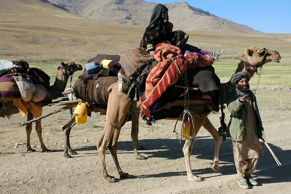 아프가니스탄의 란입니다 아프가니스탄 중부의 지역에 근처를 지나가는 여자가 낙타를 터번을 — 스톡 사진