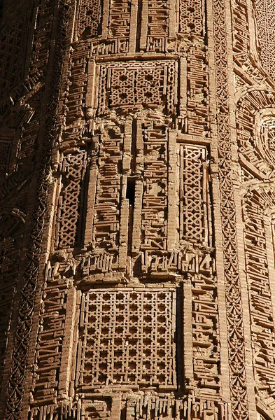 Minaret of Jam, Ghor Province in Afghanistan. The Jam minaret is a UNESCO site in a remote part of Central Afghanistan. The Minaret of Jam with detail of the geometric decoration in relief brickwork.