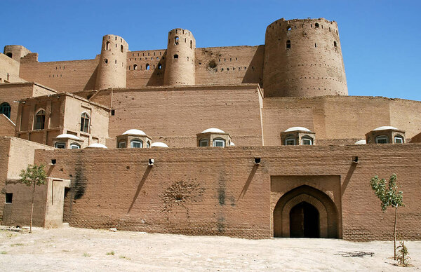 Herat Citadel in Herat, Afghanistan. The fort dates back to the 15th century. The castle was restored in the 1970s and a renovation completed in 2011. Historical tourist sight in western Afghanistan.