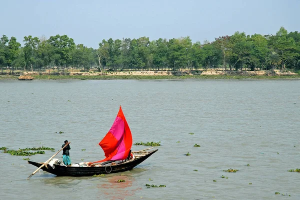 Gangesz Delta Bangladesben Egy Kis Halászhajó Piros Vitorlával Evez Folyón — Stock Fotó