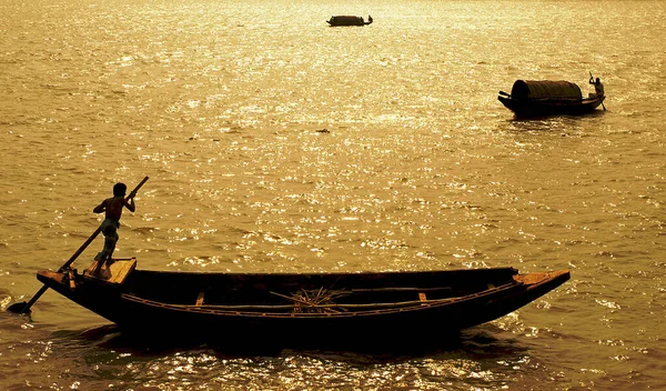 Ganges Delta Het Zuiden Van Bangladesh Silhouetten Van Boten Die — Stockfoto