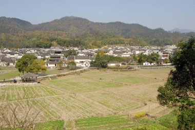 Çin 'in Anhui eyaletindeki Xidi Antik Kasabası. Kasabanın kıyısındaki tarlalara bakıyorum. Eski kasabanın binaları arkada. Çin 'deki tarihi Xidi' nin mimarisi ve tarımı.