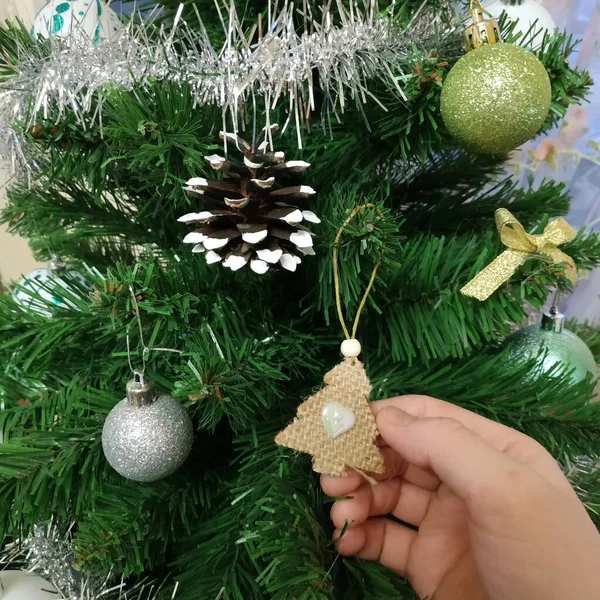 Evde yılbaşı ağacı var. El oyuncağı tutuyor..