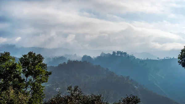 Dağlarda sisli bir sabah. Güneş ışınları yoğun bulutları zar zor aşıyor. Sri Lanca.