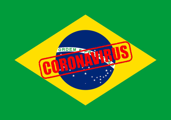 Coronavirus stamp on the national flag of Brazil. Coronavirus concept.