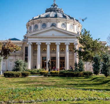 Bucharest/Romania - 02.05.2020: View of the Romanian Athenaeum( Ateneul Roman) a prestigious concert hall and one of the most beautiful buildings in the city. Detail.