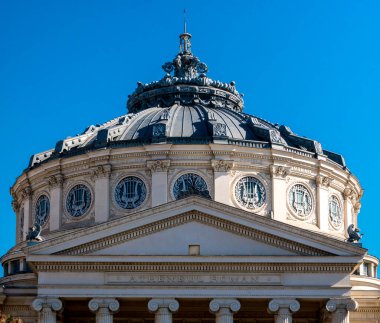 Bucharest/Romania - 02.05.2020: View of the Romanian Athenaeum( Ateneul Roman) a prestigious concert hall and one of the most beautiful buildings in the city. Detail.