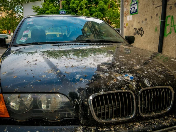 Bükreş / Romanya - 05.01.2020: Yasadışı park edilmiş bir BMW arabası kaldırıma kuş pisliğiyle kaplı