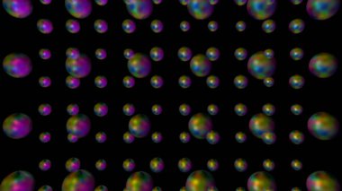 Üç boyutlu resimleme, pürüzsüz desenli arka plan. Siyah arkaplanda karışık renk küreleri veya parçacıklar.