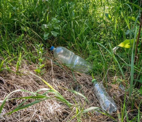 Botellas Plástico Pet Hierba Contaminación Naturaleza Por Ignorancia Humana Concepto — Foto de Stock