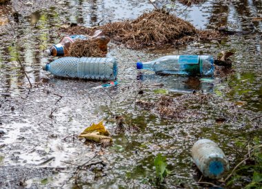 Bükreş / Romanya - 05.21.2020: Yerde PET plastik şişeler. Plastik kirliliği kavramı.