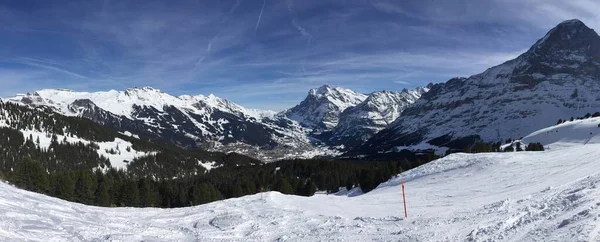 Das Skigebiet Wengen Der Schweiz Mit Einem Panoramablick Auf Schneebedeckte — Stockfoto