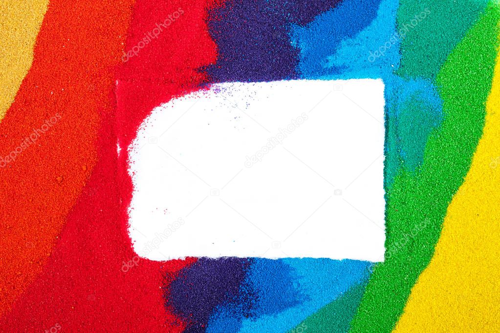 Colored sand, texture. Rainbow. White paper