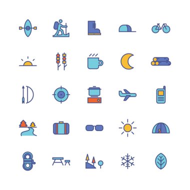 Kamp ve açık hava ikon paketlerinin vektör tasarımı. doldurulmuş özet biçimi
