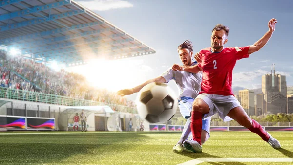 Soccer players in action on the day grand stadium background panorama