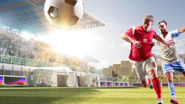 Soccer players in action on the day grand stadium background panorama