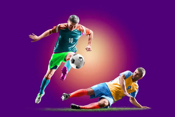 Colourful professional soccer players isolated over purple background — Stock Photo, Image