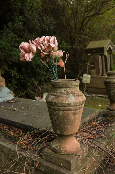 Terk edilmiş bir mezarlıkta çiçekler kuruyor..