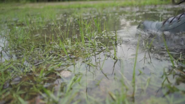 Schritte Über Eine Wasserpfütze Die Sich Nach Einem Regen Gebildet — Stockvideo