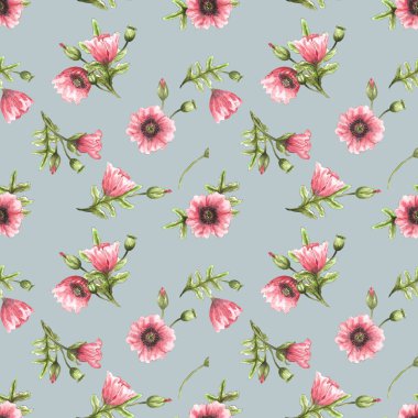 Pembe haşhaş, tomurcuk ve yeşil yapraklı kusursuz suluboya deseni. Kartpostalların, kumaşların, tekstil ürünlerinin, duvar kağıtlarının, paketlerin, davetiyelerin basılması için tasarım.