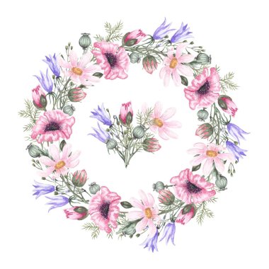 Papatyalar, çanlar, gelincikler ve çimenler gibi doğal çiçeklerin dekoratif bir çelengini tasvir eden suluboya çizimi. İllüstrasyon elle suluboya ile çizilir. Tekstil, kumaş, ambalaj, kartlar, davetiyeler için tasarım.