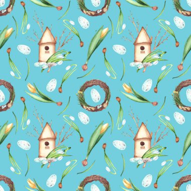 Kuş evi, Paskalya çelengi, sarı laleler, kar damlaları ve bıldırcın yumurtası içeren kusursuz desenler. Turkuaz arka planda dizayn konsepti. İmaj kumaşı dokusu.