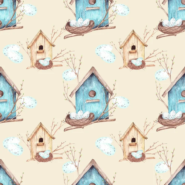 Seamless pattern with watercolor elements of birdhouses, bird nests and eggs on a beige background. Illustrations are drawn by hand.