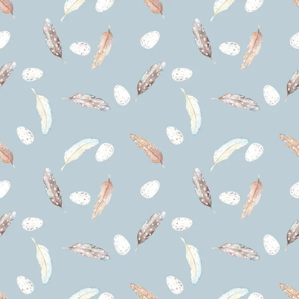 Watercolor Seamless Pattern Quail Eggs Beautiful Bird Feathers Blue Background — Stock Photo, Image