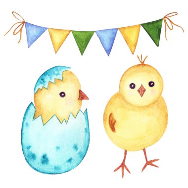 İçinde tavuk, yumurta ve bayram bayrakları olan suluboya resimler. Baskı kartları, davetiyeler, posterler, ambalajlar için tasarım. Elementler elle çizilir.