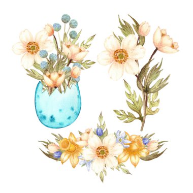 Bahar çiçekli buketlerin resimli suluboya çizimleri. Elementler elle çizilmiş ve beyaz bir arkaplanda izole edilmiş. Yazdırma kartları, davetiyeler, posterler ve tekstil için tasarım.